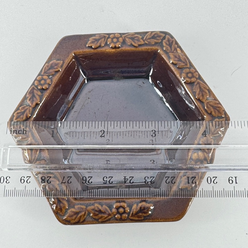 Vintage Norleans Japan Brown Hexagon Ceramic Trinket Dish Floral Ashtray - Picture 4 of 5
